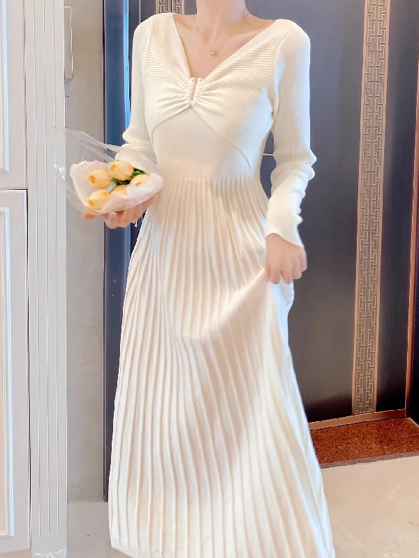 Lace - Embellished Women Dress for an Elegant and Sophisticated Appearance Lace - Embellished Women Dress for an Elegant and Sophisticated Appearance Sixsr Keyhole Ruched V Neck Knit Dress, Chic Long Sleeve Pleated Dress, Women's Clothing