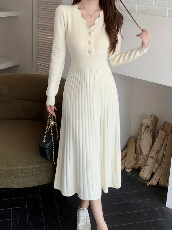 Off - the - Shoulder Women Dress for a Romantic and Feminine Look Off - the - Shoulder Women Dress for a Romantic and Feminine Look Sixsr Ribbed Button Front Dress, Elegant Solid Long Sleeve Midi Dress, Women's Clothing