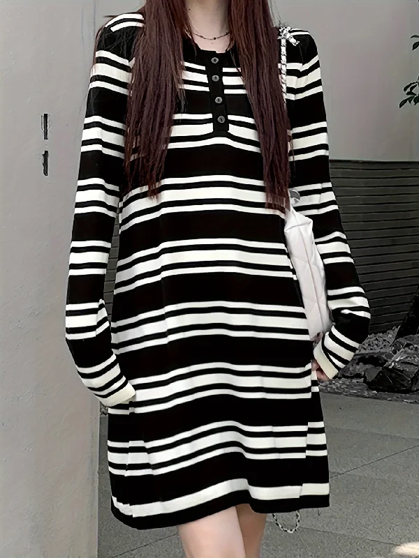 Plus Size Women Dress with a Flattering A - Line Cut for Comfort and Style Plus Size Women Dress with a Flattering A - Line Cut for Comfort and Style Sixsr Stripe Print Button Collared Dress, Casual Long Sleeve Loose Knit Dress, Women's Clothing