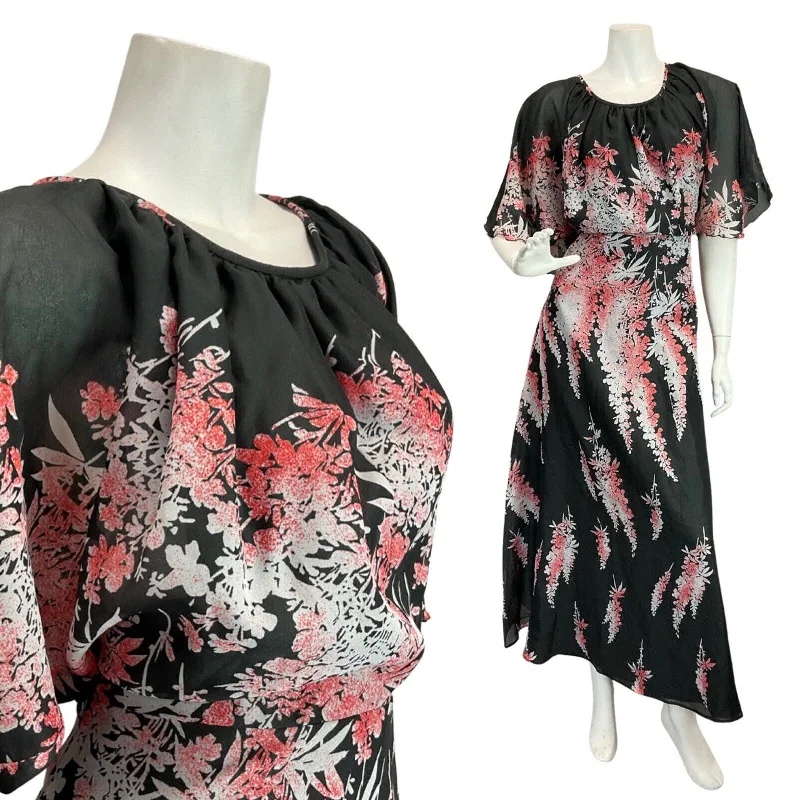 Ruffled Women Dress with Multiple Layers for a Playful and Girly Style Ruffled Women Dress with Multiple Layers for a Playful and Girly Style VINTAGE 60s 70s BLACK WHITE RED FLORAL LEAFY SHEER BOHO FOLK MAXI DRESS 8 10