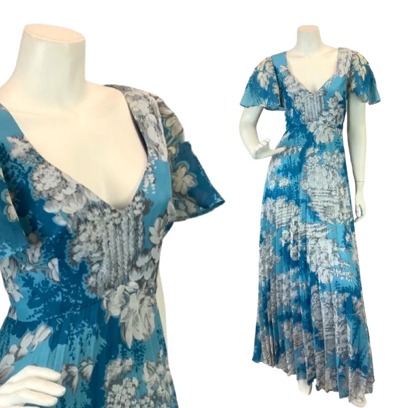 Wrap - Style Women Dress with Adjustable Fit for All Body Types Wrap - Style Women Dress with Adjustable Fit for All Body Types VINTAGE 60s 70s BLUE WHITE FLORAL PLEATED BOHO FOLK PRAIRIE MAXI DRESS 10