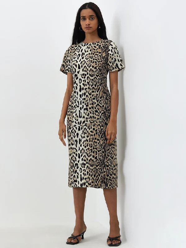 Ball Gown Women Dress with a Full Skirt for a Princess - like Look Ball Gown Women Dress with a Full Skirt for a Princess - like Look Wardrobe Beige Animal Printed A-Line Dress