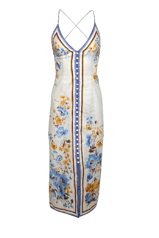 Halter Neck Women Dress to Show Off the Shoulders and Neckline Halter Neck Women Dress to Show Off the Shoulders and Neckline Zimmermann - White, Blue, & Orange Sleeveless Button Front "Halcyon" Dress Sz 2P