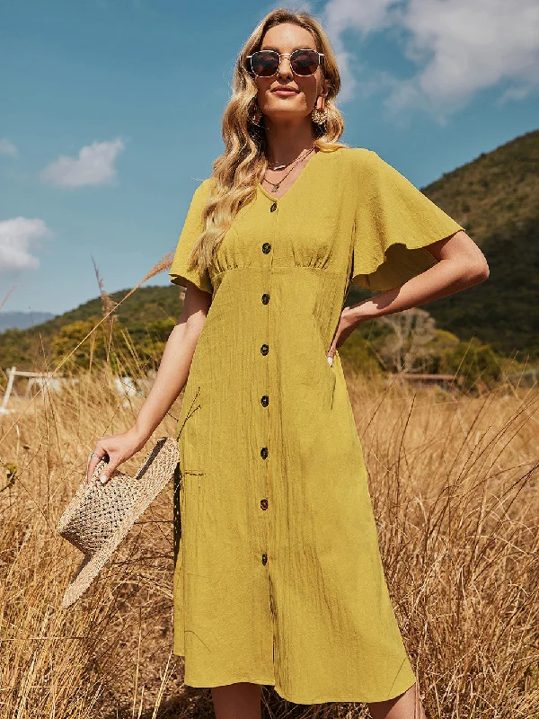 Maxi dresses with off - the - shoulder styles for a romantic and breezy lookKittenAlarm - Fresh and Casual Lotus Leaf Sleeve Yellow Dress Maxi dresses with off - the - shoulder styles for a romantic and breezy lookKittenAlarm - Fresh and Casual Lotus Leaf Sleeve Yellow Dress