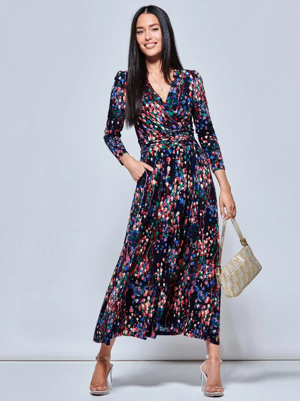 Maxi dresses with bow accents at the waist for a sweet appearanceAbstract Print Long Sleeve Maxi Dress, Navy Abstract
