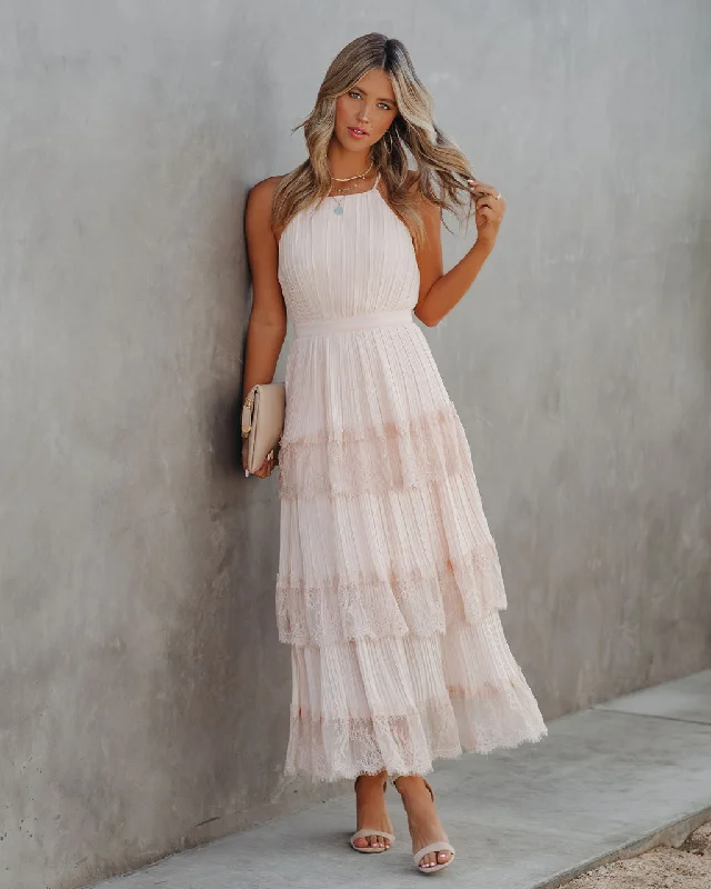 Denim maxi dresses with frayed hems for a casual lookKittenAlarm - Affection Pleated Tiered Lace Maxi Dress - Blush Denim maxi dresses with frayed hems for a casual lookKittenAlarm - Affection Pleated Tiered Lace Maxi Dress - Blush