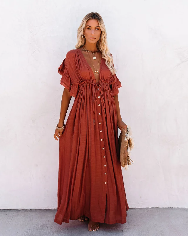 Polyester maxi dresses for easy - care and durabilityKittenAlarm - Anika Pocketed Button Down Ruffle Maxi Dress - Terracotta