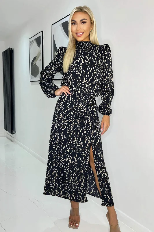Maxi dresses with a button - down front for a classic lookBlack And Beige Printed High Neck Split Skirt Midi Dress Maxi dresses with a button - down front for a classic lookBlack And Beige Printed High Neck Split Skirt Midi Dress