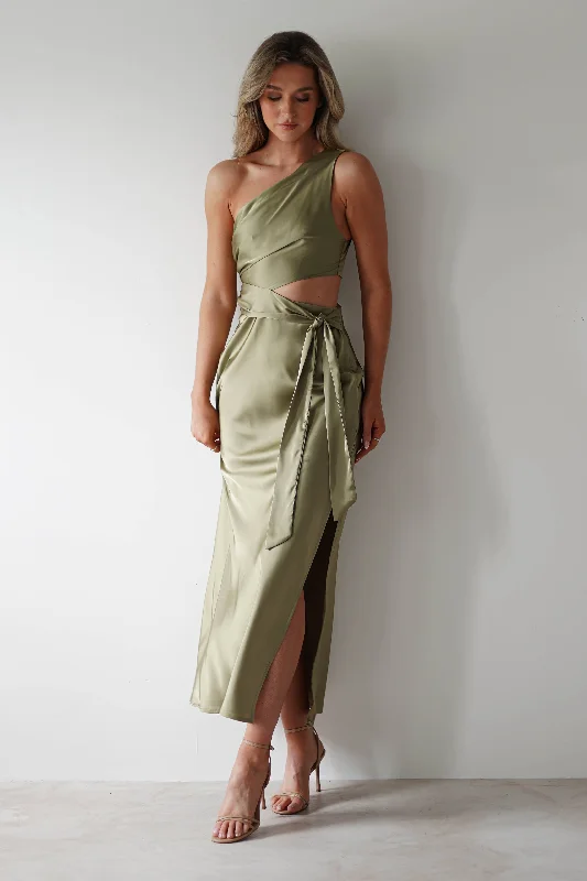 Maxi dresses with bow accents at the waist for a sweet appearanceBonnie Soft Satin Maxi Dress | Olive