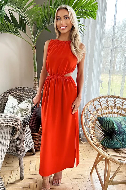 Maxi dresses with a keyhole back for a sexy detailBurnt Orange Cut Out Midi Dress