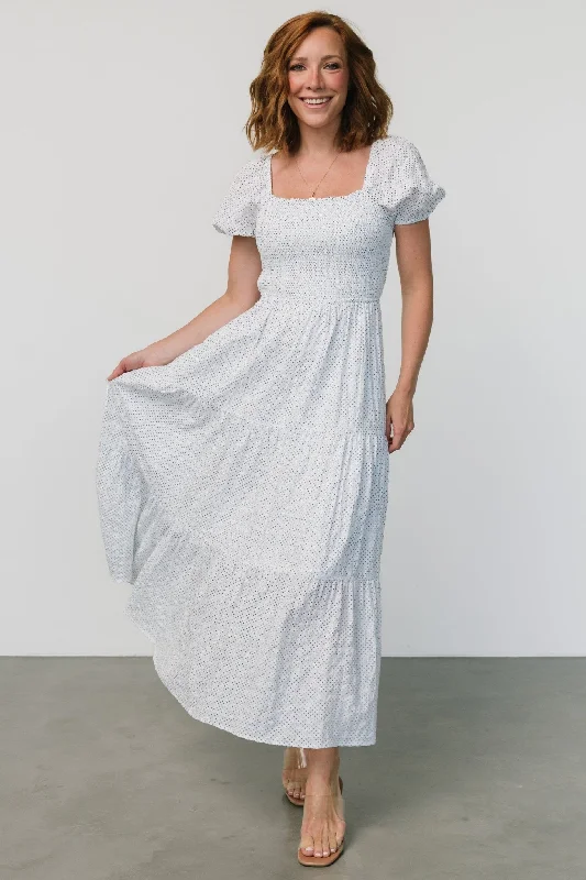 Maxi dresses with a belted empire waist for a more defined and flattering silhouetteCalliope Smocked Maxi Dress | White Print Maxi dresses with a belted empire waist for a more defined and flattering silhouetteCalliope Smocked Maxi Dress | White Print