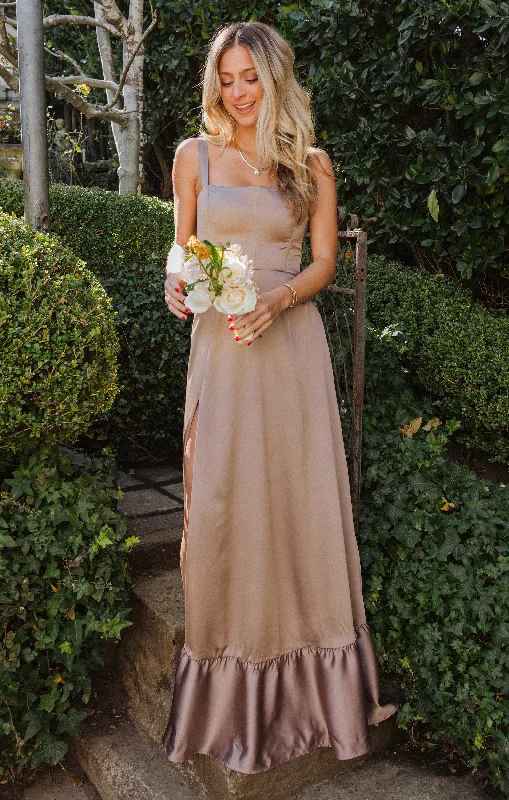 Maxi dresses with thin spaghetti straps for a delicate and feminine feelClarissa Corset Dress ~ Dune Luxe Satin
