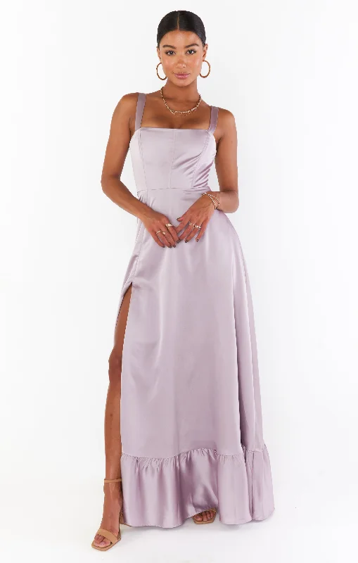 Linen maxi dresses for a breathable and lightweight summer optionClarissa Corset Dress ~ Dusty Purple Luxe Satin