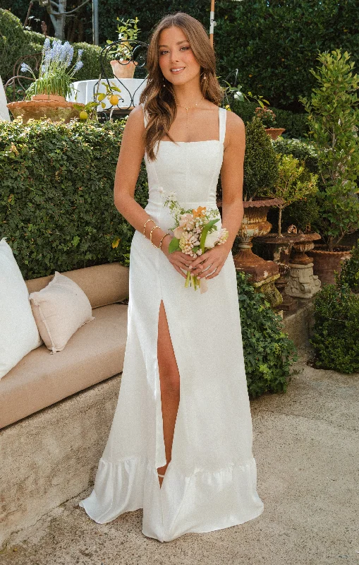 Ruffled maxi dresses with a tiered skirt for added volumeClarissa Corset Dress ~ Ivory Luxe Satin
