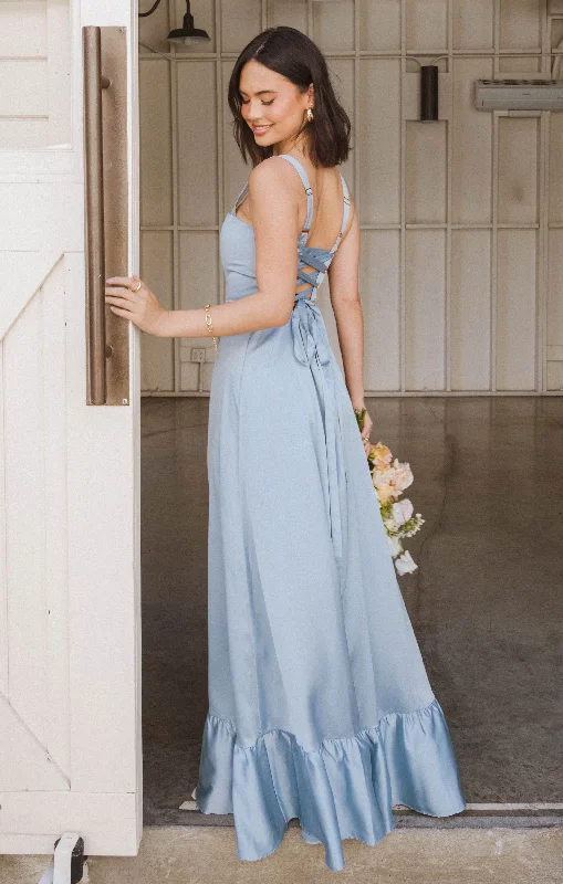 Maxi dresses with cut - out details on the sides for a modern edgeClarissa Corset Dress ~ Steel Blue Luxe Satin