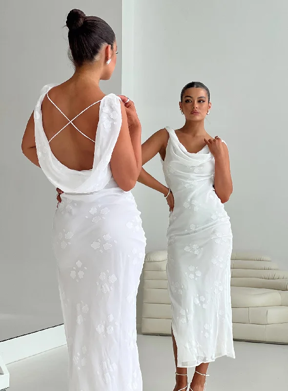 Denim maxi dresses with frayed hems for a casual lookContessa Maxi Dress White