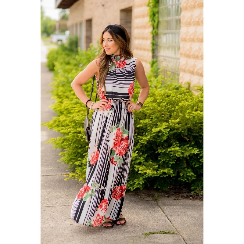 Maxi dresses with a gathered skirt for a voluminous and dramatic effectFloral Striped Ruffle Trim Tank Maxi