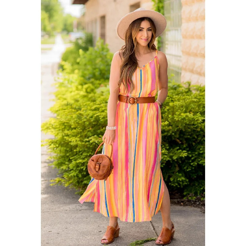 Plaid maxi dresses for fall fashion eventsMulti Color Striped Thin Strapped Maxi