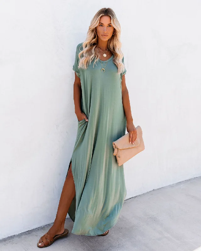 Denim maxi dresses with frayed hems for a casual lookFarmers Market Pocketed Modal Maxi Dress - Dark Sage Denim maxi dresses with frayed hems for a casual lookFarmers Market Pocketed Modal Maxi Dress - Dark Sage
