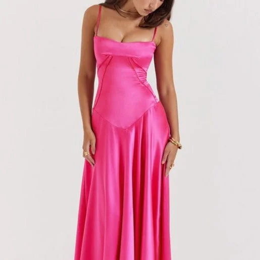 Maxi dresses with an asymmetric hem for a fashion - forward and eye - catching designKittenAlarm - Faye Fitted-bodice Lace-up Satin Maxi Dress