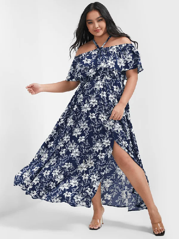 Denim maxi dresses with frayed hems for a casual lookBloom Dress - Floral Print Halter Off Shoulder Split Maxi Dress