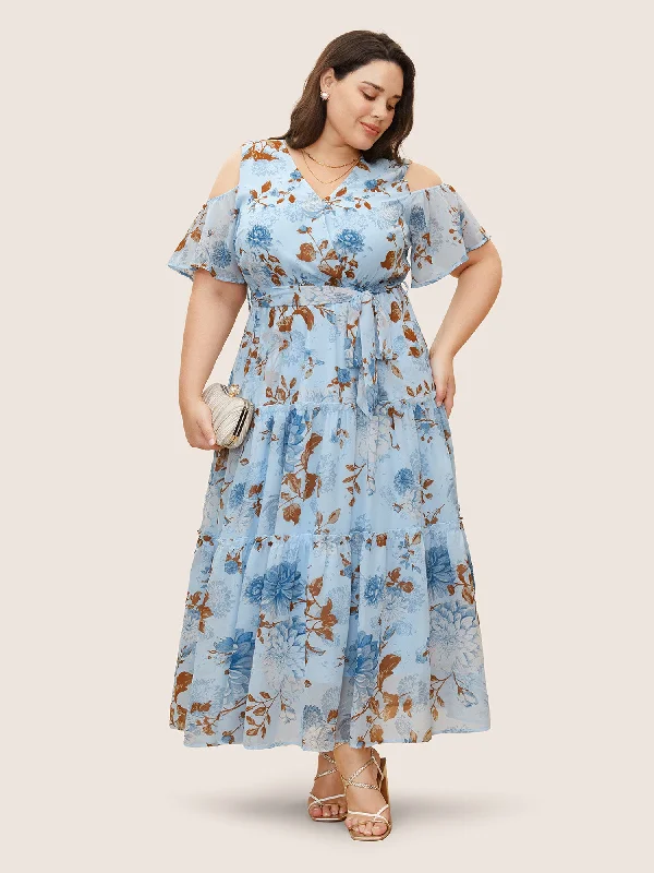 Maxi dresses with a ruched bodice for a more form - fitting and feminine shapeFloral Wrap Mesh Ruffle Sleeve Dress