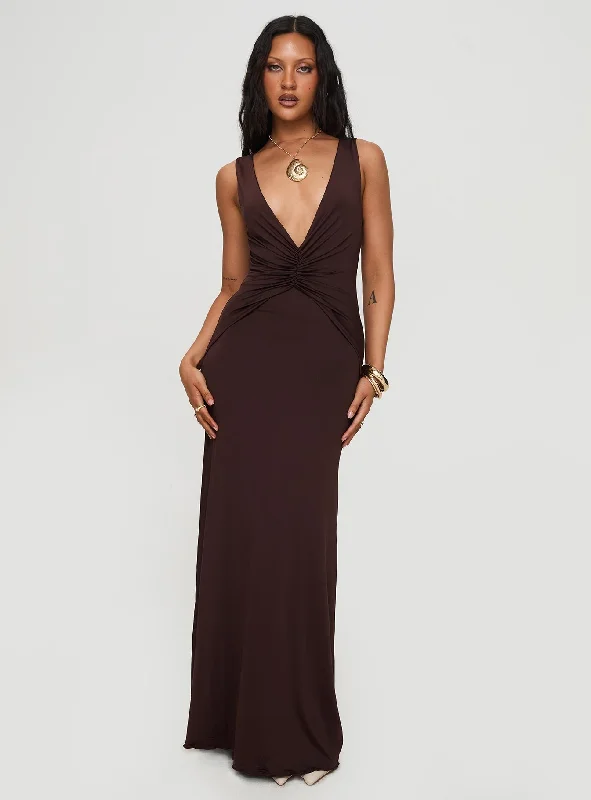 Maxi dresses with fringe trim for a bohemian vibeFrederica Plunge Maxi Dress Chocolate
