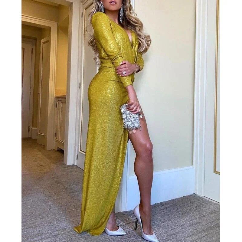 Strapless maxi dresses for a beachside vacationFashionSierra - Glitter Surplice Wrap Deep V Ruched Slit Dress Women Party Dress Autumn Long Sleeve Maxi Dresses Vestidos Mujer