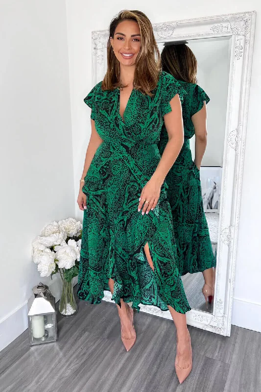 Maxi dresses with a wrap - around style for a customizable fitGreen Printed Double Frill Split Midi Dress Maxi dresses with a wrap - around style for a customizable fitGreen Printed Double Frill Split Midi Dress