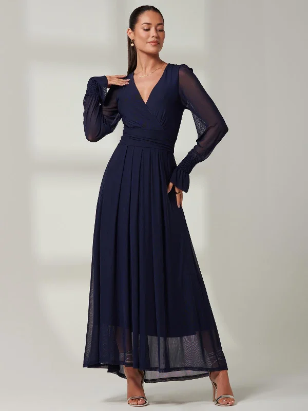 Maxi dresses with a pleated skirt for a timeless and elegant appearanceBlue Greta Long Sleeve Mesh Maxi Dress, Navy