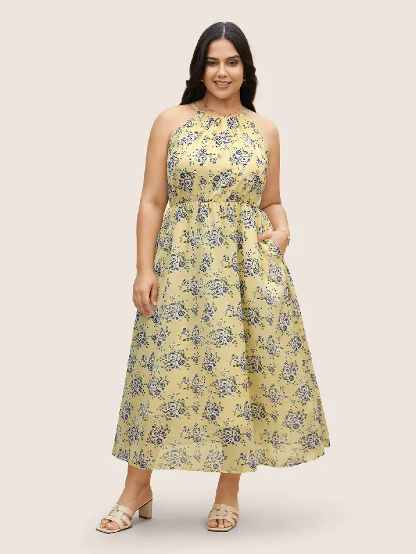 Maxi dresses with a wrap - around style for a customizable fitHalter Neck Floral Elastic Waist Dress