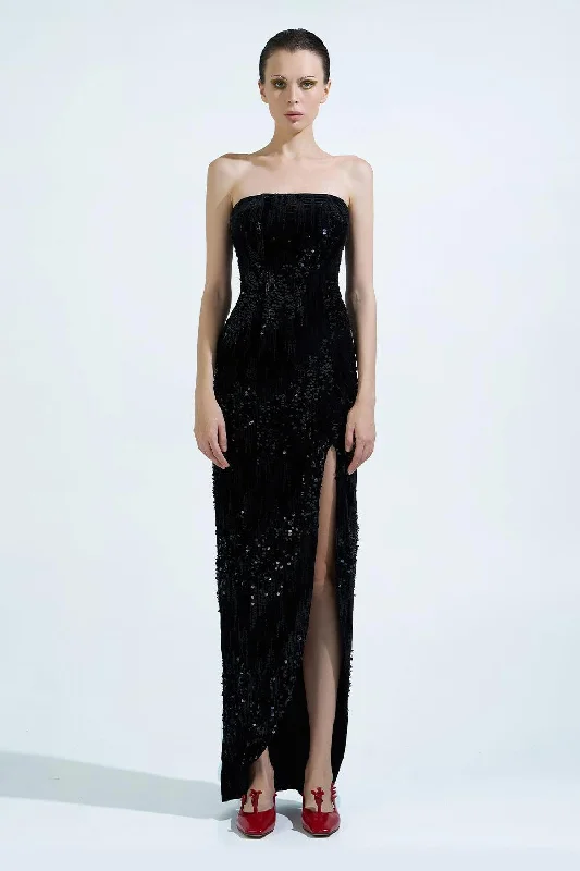 Maxi dresses with a paisley print for a classic and elegant styleHedi Strapless Slit Hem Velvet Ankle Length Dress