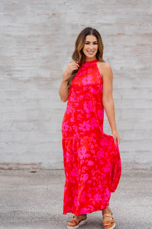 Maxi dresses with one - shoulder designs for a stylish and asymmetric lookHibiscus Tiered Halter Tank Maxi Dress