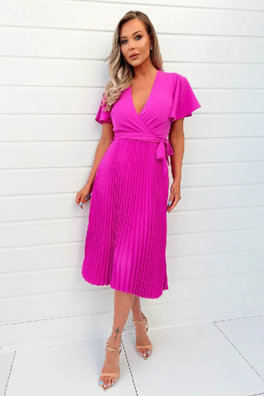 Maxi dresses with balloon sleeves for a vintage - inspired styleHot Pink Pleated Midi Dress with Tie Waist Maxi dresses with balloon sleeves for a vintage - inspired styleHot Pink Pleated Midi Dress with Tie Waist