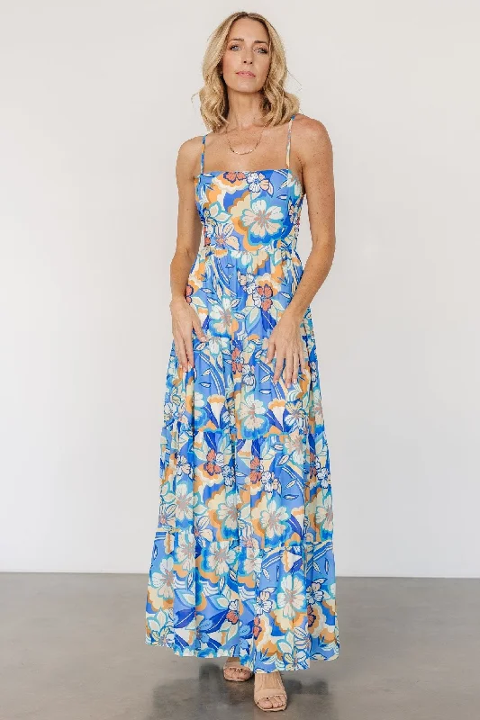 Strapless maxi dresses for a beachside vacationJannica Tie Back Maxi Dress | Blue Multi Strapless maxi dresses for a beachside vacationJannica Tie Back Maxi Dress | Blue Multi