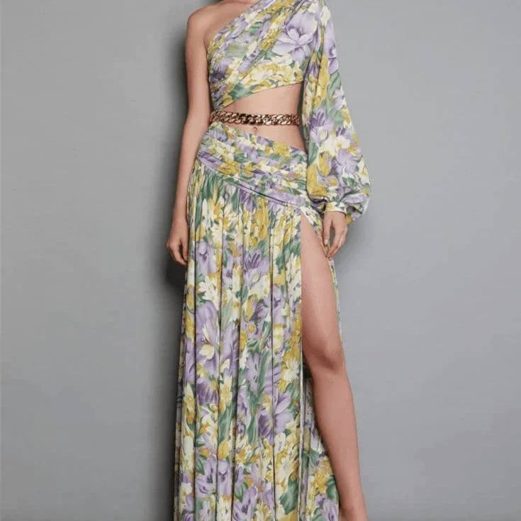 Maxi dresses with geometric prints for a contemporary aestheticKittenAlarm - Krissy One Shoulder Chain Embellishment Floral Maxi Dress