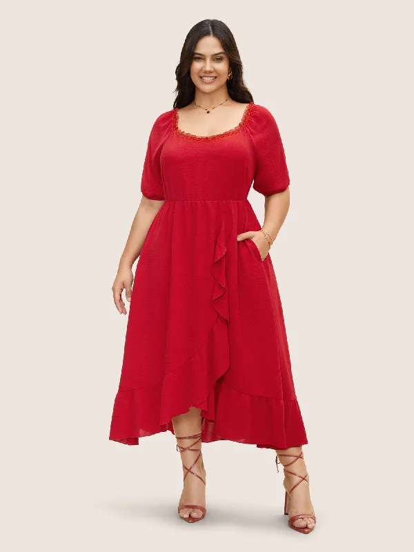 Floral print maxi dresses for summer garden partiesLace Panel Ruffle Trim Wrap Hem Dress