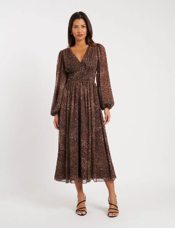 Sheer maxi dresses with lace overlays for a romantic touchLeopard Print Chiffon Anya Midi Dress