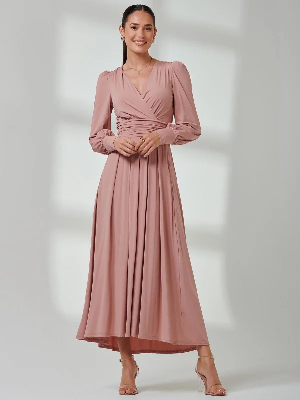 Maxi dresses with a wrap - around style for a customizable fitLong Sleeve Soft Silky Jersey Maxi Dress, Dusty Pink