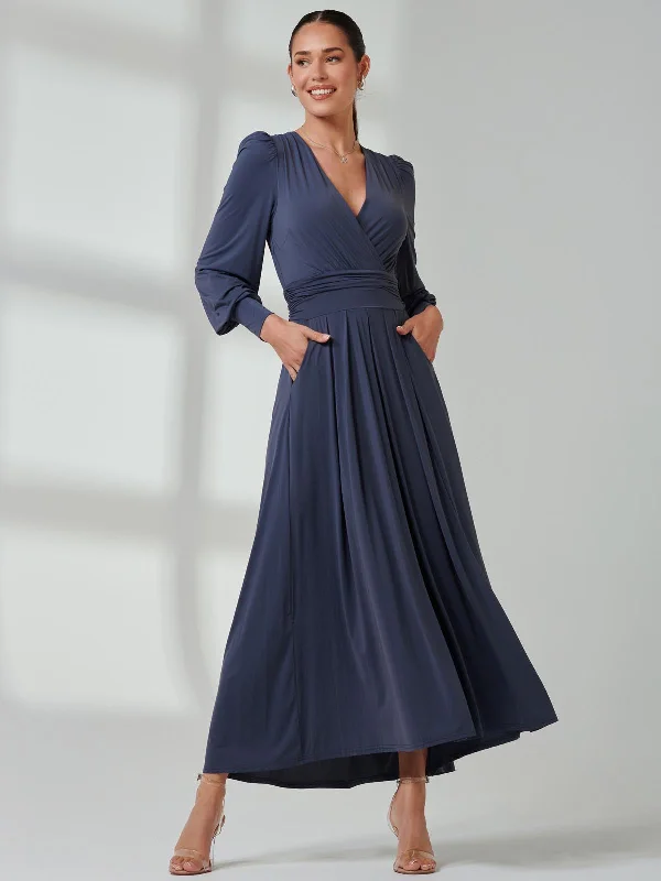Maxi dresses with a ruffled neckline for a charming lookLong Sleeve Super Soft Jersey Maxi Dress, Steel Blue