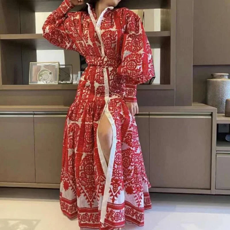 Maxi dresses with thin spaghetti straps for a delicate and feminine feelKittenAlarm - Mallory Allover Print Bishop Sleeves Maxi Dress