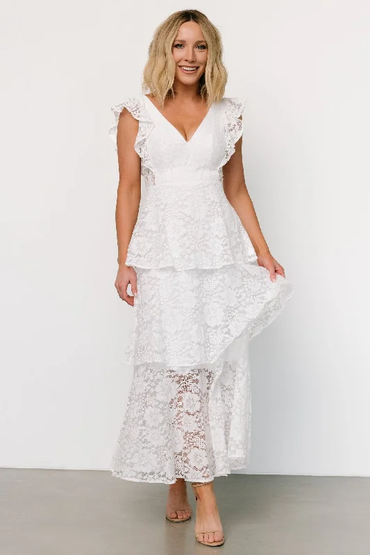 Floral print maxi dresses for summer garden partiesMargot Lace Tiered Maxi Dress | Off White