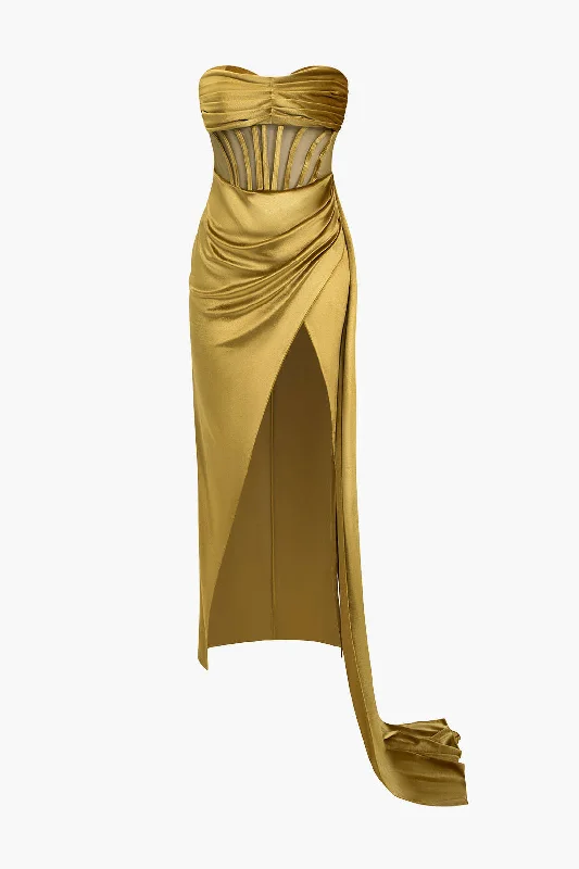 Maxi dresses with a ruched bodice for a more form - fitting and feminine shapeStrapless Ruched Mesh Velvet Maxi Dress Maxi dresses with a ruched bodice for a more form - fitting and feminine shapeStrapless Ruched Mesh Velvet Maxi Dress
