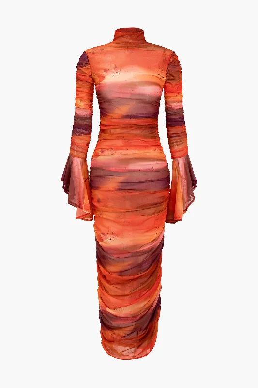 Maxi dresses with a gathered skirt for a voluminous and dramatic effectTie Dye Mesh Ruched Bell Sleeve Maxi Dress Maxi dresses with a gathered skirt for a voluminous and dramatic effectTie Dye Mesh Ruched Bell Sleeve Maxi Dress