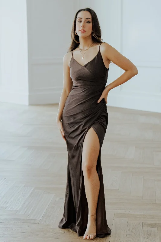 Maxi dresses with ribbed textures for a unique and tactile lookMonet Satin Gown | Dark Brown