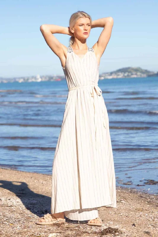 Maxi dresses with mesh panels for a sexy and trendy appearanceMuriwai Wrap Dress Beige Pinstripe