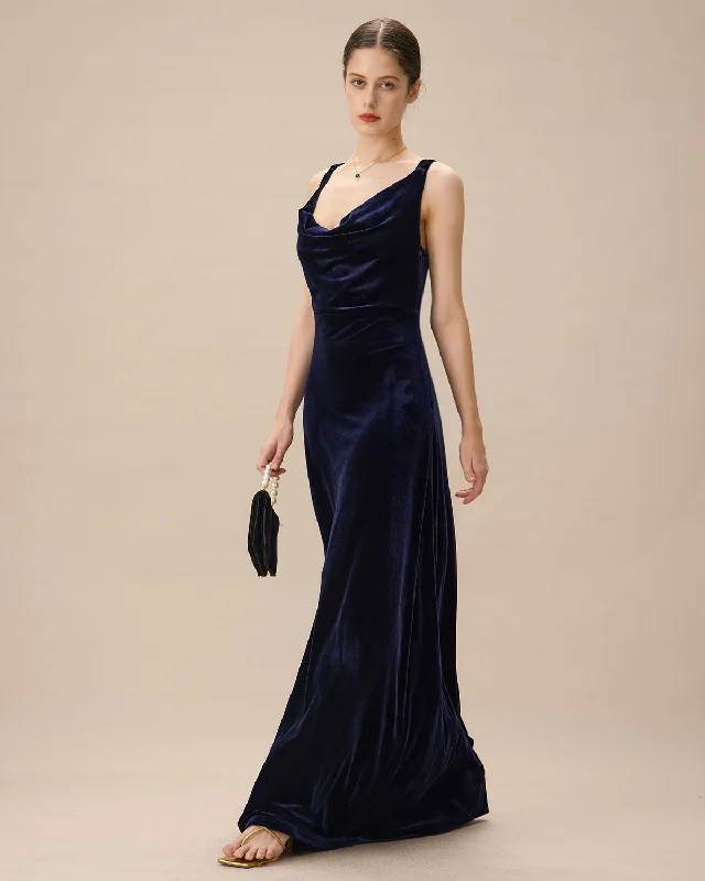 Maxi dresses with bow accents at the waist for a sweet appearanceNavy Cowl Neck Velvet Maxi Dress