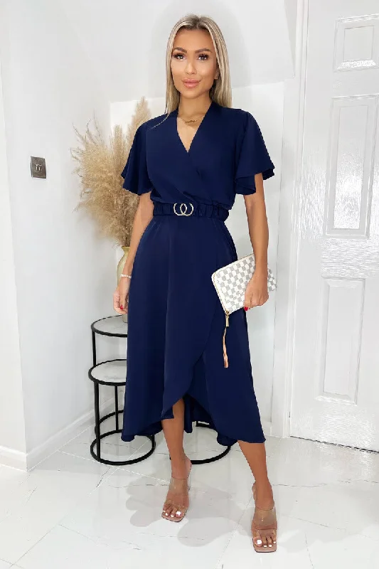 Maxi dresses with pom - pom trims for a playful and festive lookNavy Short Sleeve Belted Wrap Midi Dress Maxi dresses with pom - pom trims for a playful and festive lookNavy Short Sleeve Belted Wrap Midi Dress