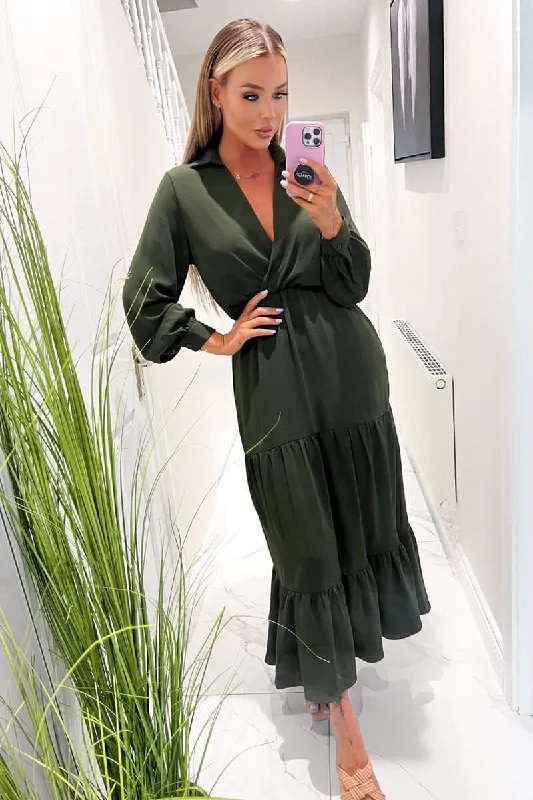 Ruffled maxi dresses with a tiered skirt for added volumeOlive Long Sleeve Wrap Top Smock Midi Dress Ruffled maxi dresses with a tiered skirt for added volumeOlive Long Sleeve Wrap Top Smock Midi Dress