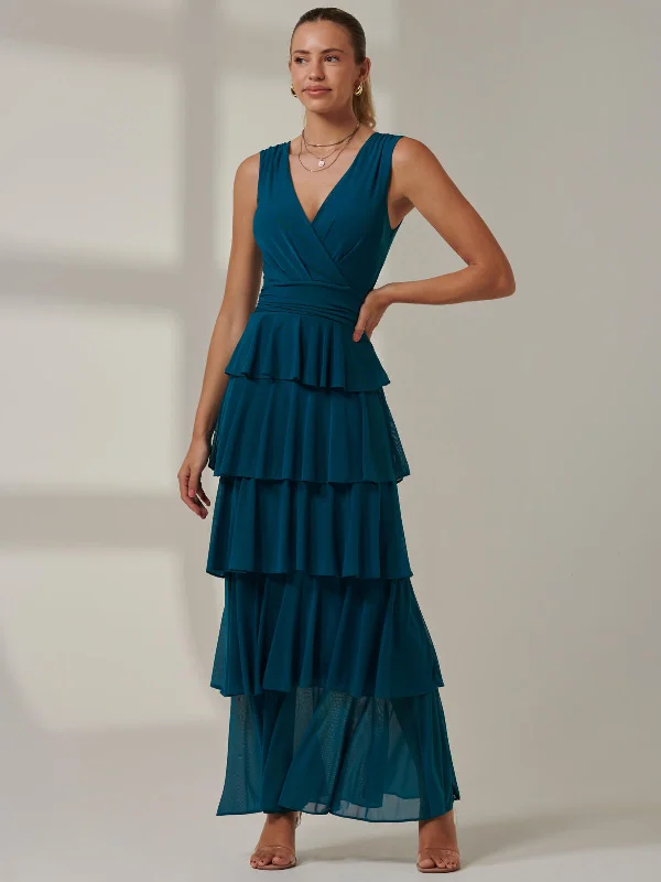 Maxi dresses with tassel accents for a fun and lively touchPlain Tiered Mesh Maxi Dress, Petrol Blue